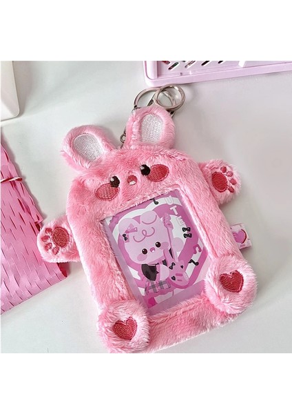 Beyaz Süper Sevimli Pembe Tavşan Peluş Fotocard Tutucu Anahtarlık Kart Tutucu Kart Koruyucu Kılıf Otobüs Banka Adı Kimlik Kartı Ekran Tutucu (Yurt Dışından) fırsatları