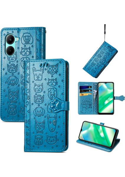 Realme C33 Için Kedi ve Köpek Kabartmalı Deri Kılıf (Yurt Dışından)