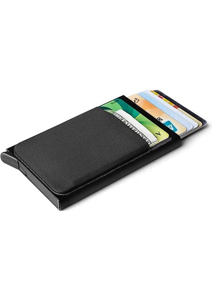 Siyah Gri Ince Erkek Alüminyum Cüzdan Arka Kılıflı Kimlik Kartı Tutucu Rfid Koruması Mini Metal Otomatik Açılır Kredi Kartı Kılıfı Bozuk Para Cüzdanı (Yurt Dışından) fiyatları