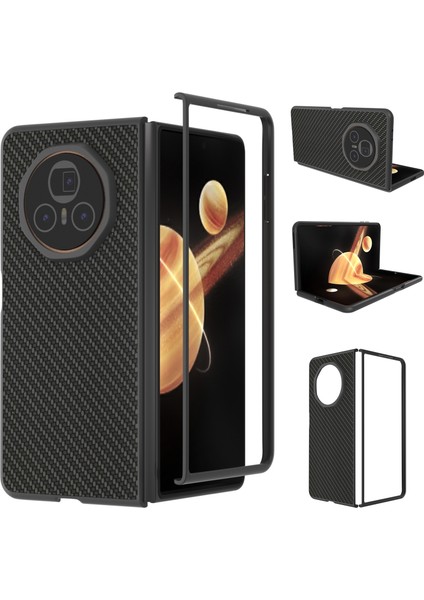 Honor Magic V3 Için Siyah Kenar Karbon Fiber Doku Pu Kılıf (Yurt Dışından)