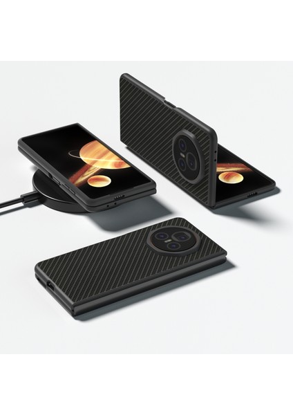 Honor Magic V3 Için Siyah Kenar Karbon Fiber Doku Pu Kılıf (Yurt Dışından) modelleri