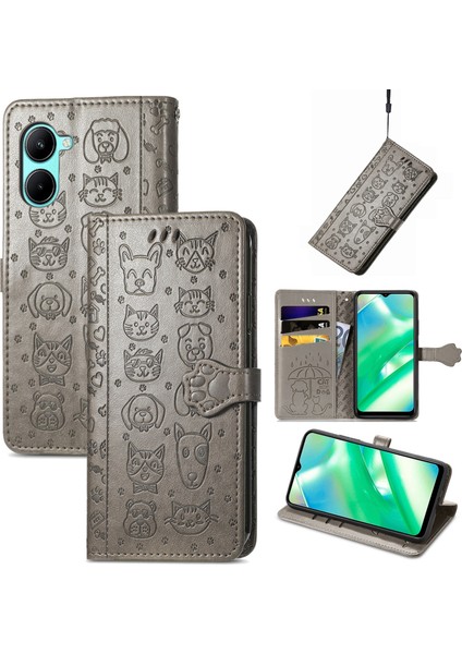 Realme C33 Için Kedi ve Köpek Kabartmalı Deri Kılıf (Yurt Dışından)