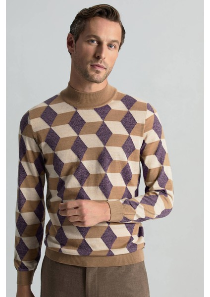 Merino Yünü Baklava Desen Lupetto Yaka Camel Triko