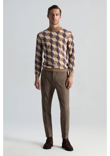 Merino Yünü Baklava Desen Lupetto Yaka Camel Triko