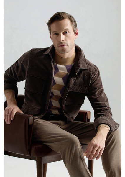 Merino Yünü Baklava Desen Lupetto Yaka Camel Triko