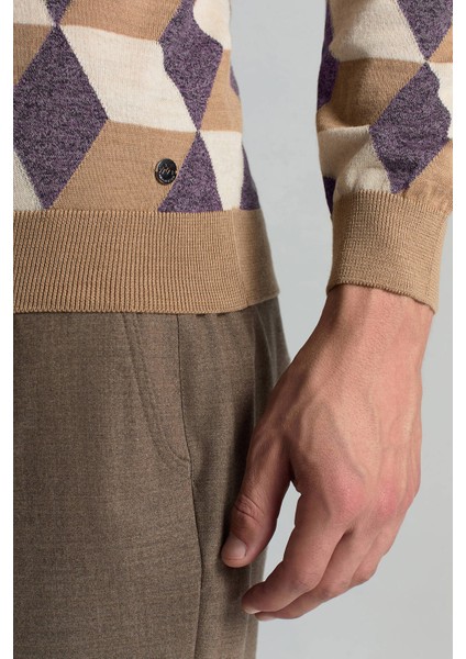 Merino Yünü Baklava Desen Lupetto Yaka Camel Triko