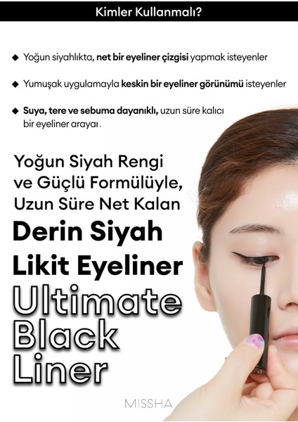 Uzun Süre Kalıcı, Yoğun Pigmentli, Ince Uçlu Likit Eyeliner Mıssha Ultimate Black Liner