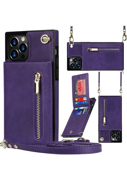 iPhone 14 Pro Max Için Çapraz Vücut Fermuarlı Telefon Kılıfı (Yurt Dışından)