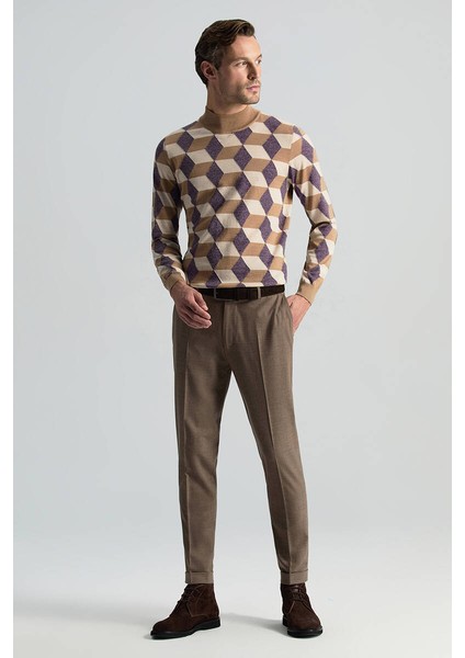 Saf Yün Bağcık Detaylı Tütün Rengi Chino Jogger Pantolon