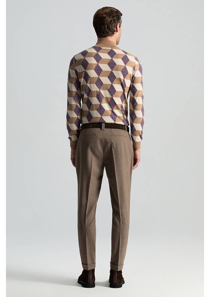 Saf Yün Bağcık Detaylı Tütün Rengi Chino Jogger Pantolon