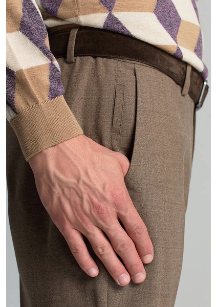 Saf Yün Bağcık Detaylı Tütün Rengi Chino Jogger Pantolon