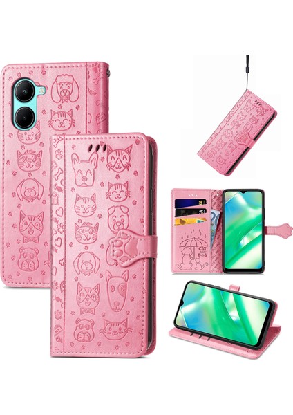 Realme C33 Için Kedi ve Köpek Kabartmalı Deri Kılıf (Yurt Dışından)