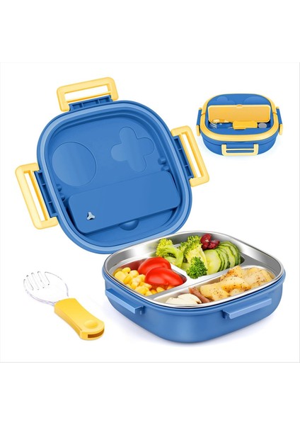 Paslanmaz Çelik Çocuk Bento Kutusu, Sızıntı Geçirmez, 3 Bölmeli, 1 Ila 3 Mavi Için Çatal Bıçak Takımı-Ideal Porsiyon Boyutlarına Sahip Öğle Yemeği Kutusu (Yurt Dışından)