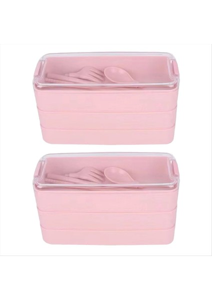 Üç Katmanlı Öğle Yemeği Kutusu Bento Kutusu Açık Öğle Yemeği Kutusu Çatal ve Kaşık Pembe ile Mikrodalgada (Yurt Dışından)