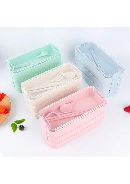 Üç Katmanlı Öğle Yemeği Kutusu Bento Kutusu Açık Öğle Yemeği Kutusu Çatal ve Kaşık Pembe ile Mikrodalgada (Yurt Dışından) indirimleri