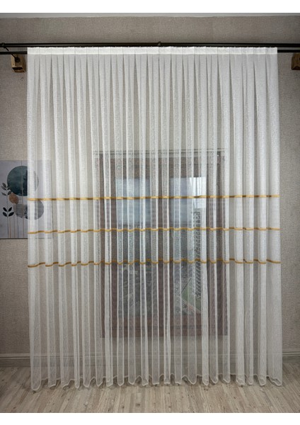 Liora Gold Şeritli Tül Perde (1x3 Sık Pile)