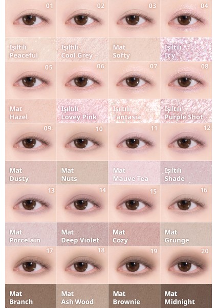 Mat ve Işıltılı Tonlardan Oluşan 20 Renkli Far Paleti Dasıque Mood Shadow Palette (02 Cool Basic)