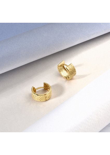 14 Ayar Mikron Altın Kaplama Kalın Desenli Huggie Halka Gümüş Küpe - E00298