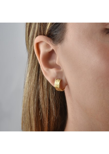 14 Ayar Mikron Altın Kaplama Kalın Desenli Huggie Halka Gümüş Küpe - E00298 modelleri