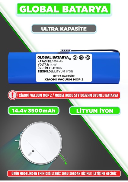 Xiaomi Vacuum Mop 2 Uyumlu Robot Süpürge Bataryası 14.4V 3500MAH Li-Ion Pil (Ultra Kapasite)