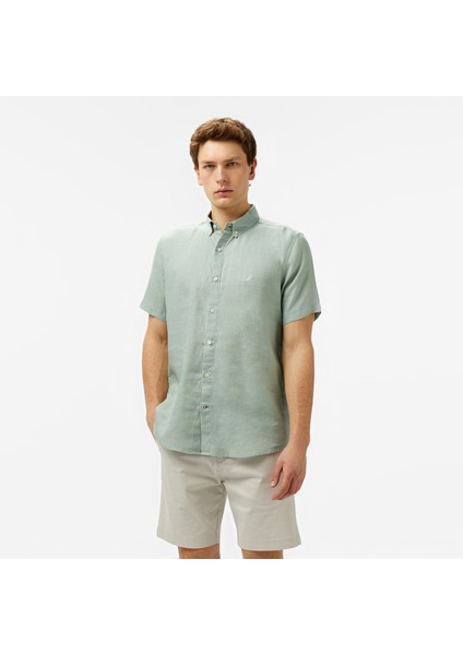 Erkek Yeşil Classic Fit Keten Gömlek W55100T.3HP