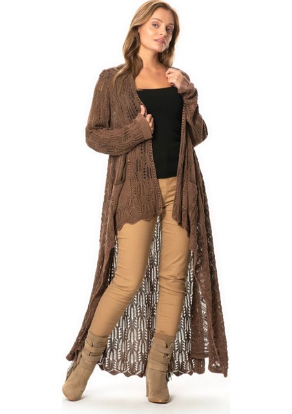 Uzun Kol Sena Asimetrik Kesim Sonbahar ve Kışlık Salaş Cepli Triko Hırka Kahve Khv