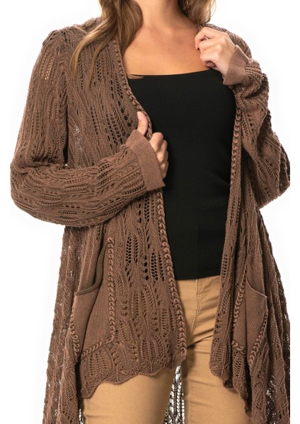 Uzun Kol Sena Asimetrik Kesim Sonbahar ve Kışlık Salaş Cepli Triko Hırka Kahve Khv modelleri