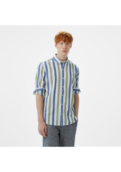 Erkek Yeşil Classic Fit Çizgili Gömlek W55517T.3HC
