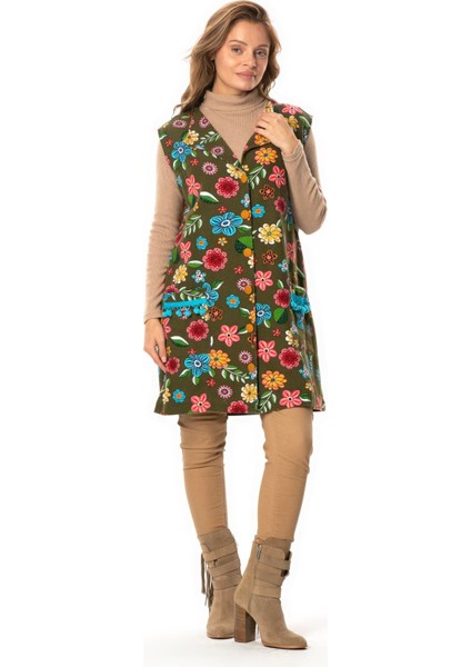 Kevser Çiçek Desenli Otantik Çift Cepli Kolsuz Pazen Kışlık Yelek Haki Hk