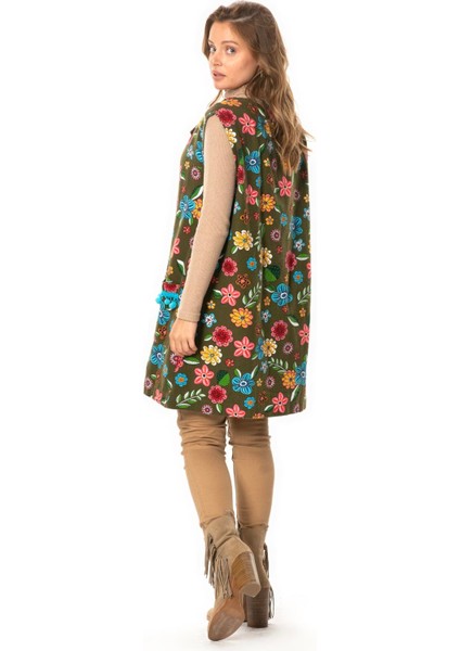 Kevser Çiçek Desenli Otantik Çift Cepli Kolsuz Pazen Kışlık Yelek Haki Hk fiyatları