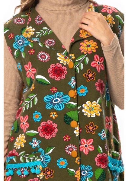 Kevser Çiçek Desenli Otantik Çift Cepli Kolsuz Pazen Kışlık Yelek Haki Hk modelleri