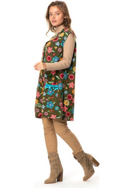 Kevser Çiçek Desenli Otantik Çift Cepli Kolsuz Pazen Kışlık Yelek Haki Hk fırsatları