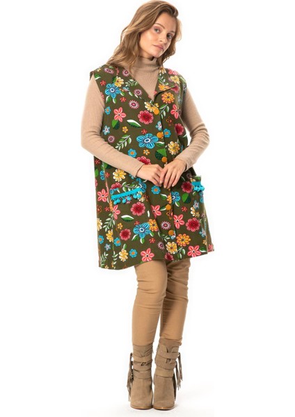 Kevser Çiçek Desenli Otantik Çift Cepli Kolsuz Pazen Kışlık Yelek Haki Hk indirimleri