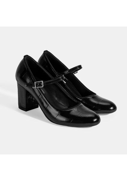 Kadın Siyah Ayarlanabilir Metal Tokalı Mary Jane Topuklu Ayakkabı