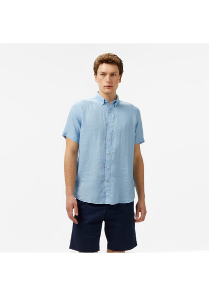 Erkek Mavi Classic Fit Keten Gömlek W55100T.4NN