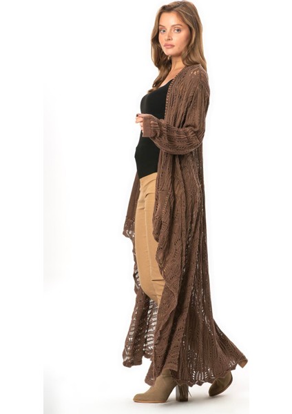 Uzun Kol Sena Asimetrik Kesim Sonbahar ve Kışlık Salaş Cepli Triko Hırka Kahve Khv fırsatları