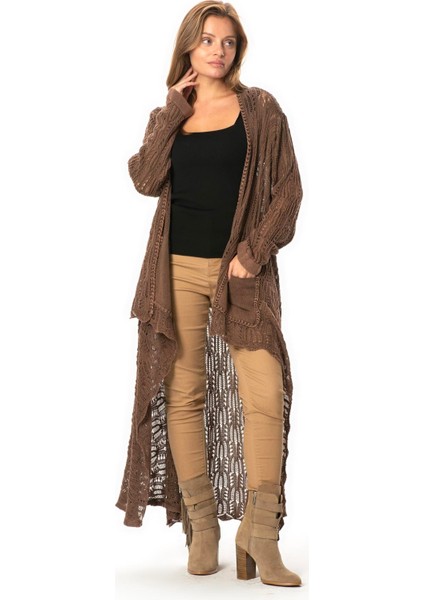 Uzun Kol Sena Asimetrik Kesim Sonbahar ve Kışlık Salaş Cepli Triko Hırka Kahve Khv indirimleri