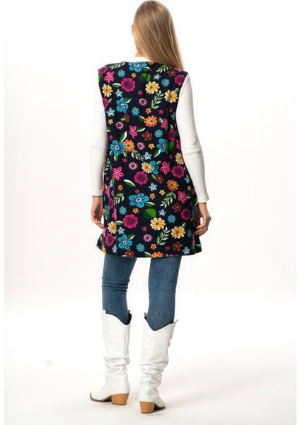 Kevser Çiçek Desenli Otantik Çift Cepli Kolsuz Pazen Kışlık Yelek Lacivert Lcvt fiyatları