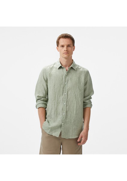 Erkek Yeşil Classic Fit Çizgili Keten Gömlek W55434T.3CJ