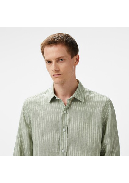 Erkek Yeşil Classic Fit Çizgili Keten Gömlek W55434T.3CJ fırsatları