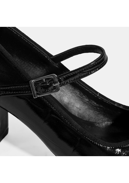 Kadın Siyah Ayarlanabilir Metal Tokalı Mary Jane Topuklu Ayakkabı