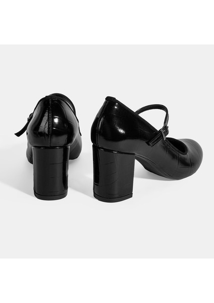 Kadın Siyah Ayarlanabilir Metal Tokalı Mary Jane Topuklu Ayakkabı