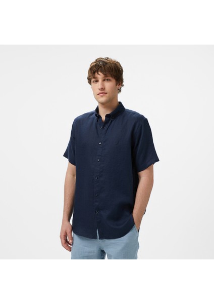 Erkek Lacivert Classic Fit Keten Gömlek W55100T.4NV