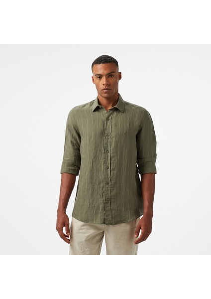 Erkek Yeşil Classic Fit Çizgili Gömlek W55446T.3GL