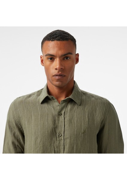Erkek Yeşil Classic Fit Çizgili Gömlek W55446T.3GL