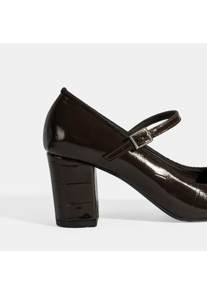 Kadın Kahve Ayarlanabilir Metal Tokalı Mary Jane Topuklu Ayakkabı