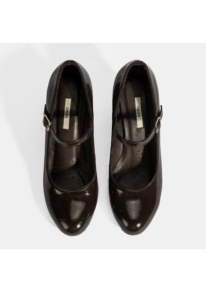 Kadın Kahve Ayarlanabilir Metal Tokalı Mary Jane Topuklu Ayakkabı