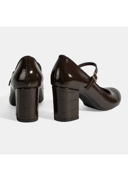 Kadın Kahve Ayarlanabilir Metal Tokalı Mary Jane Topuklu Ayakkabı