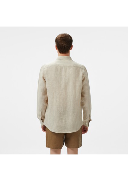 Erkek Bej Classic Fit Çizgili Keten Gömlek W55434T.12X