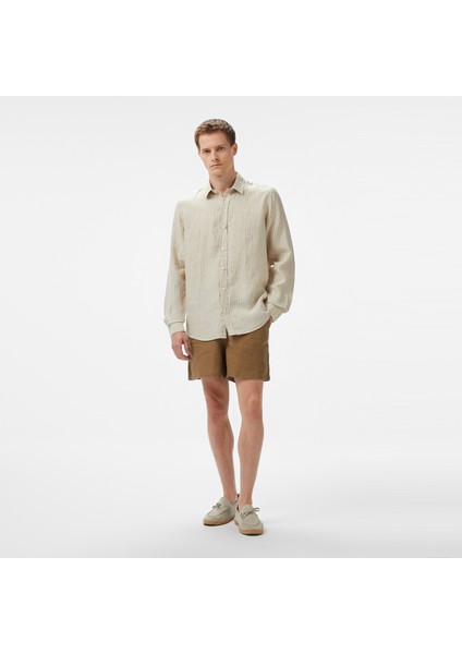 Erkek Bej Classic Fit Çizgili Keten Gömlek W55434T.12X